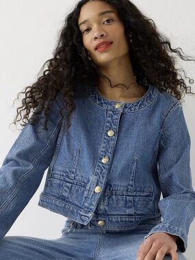 J.Crew Louisa Lady Round Gold Button Up Cropped Jacket Denim Blue Women